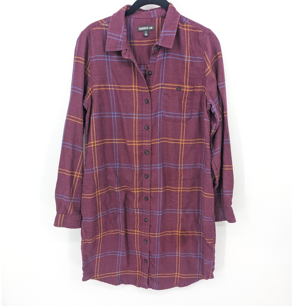 Toad & Co Flannel‎ Shirt Dress Womens Small Purple Plaid Long Sleeve Pockets